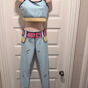 Stylish Cartoon Print Leggings - Blue and Pink